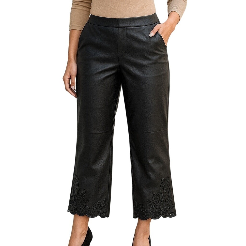 Chico's Black Faux Leather Wide Leg Pants with Floral Cutout Detail Plus Size 18